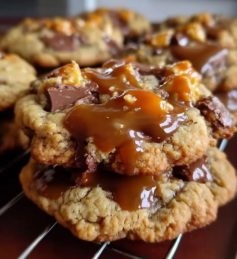 Delicious Butterfinger Caramel Crunch Cookies with caramel and chocolate pieces