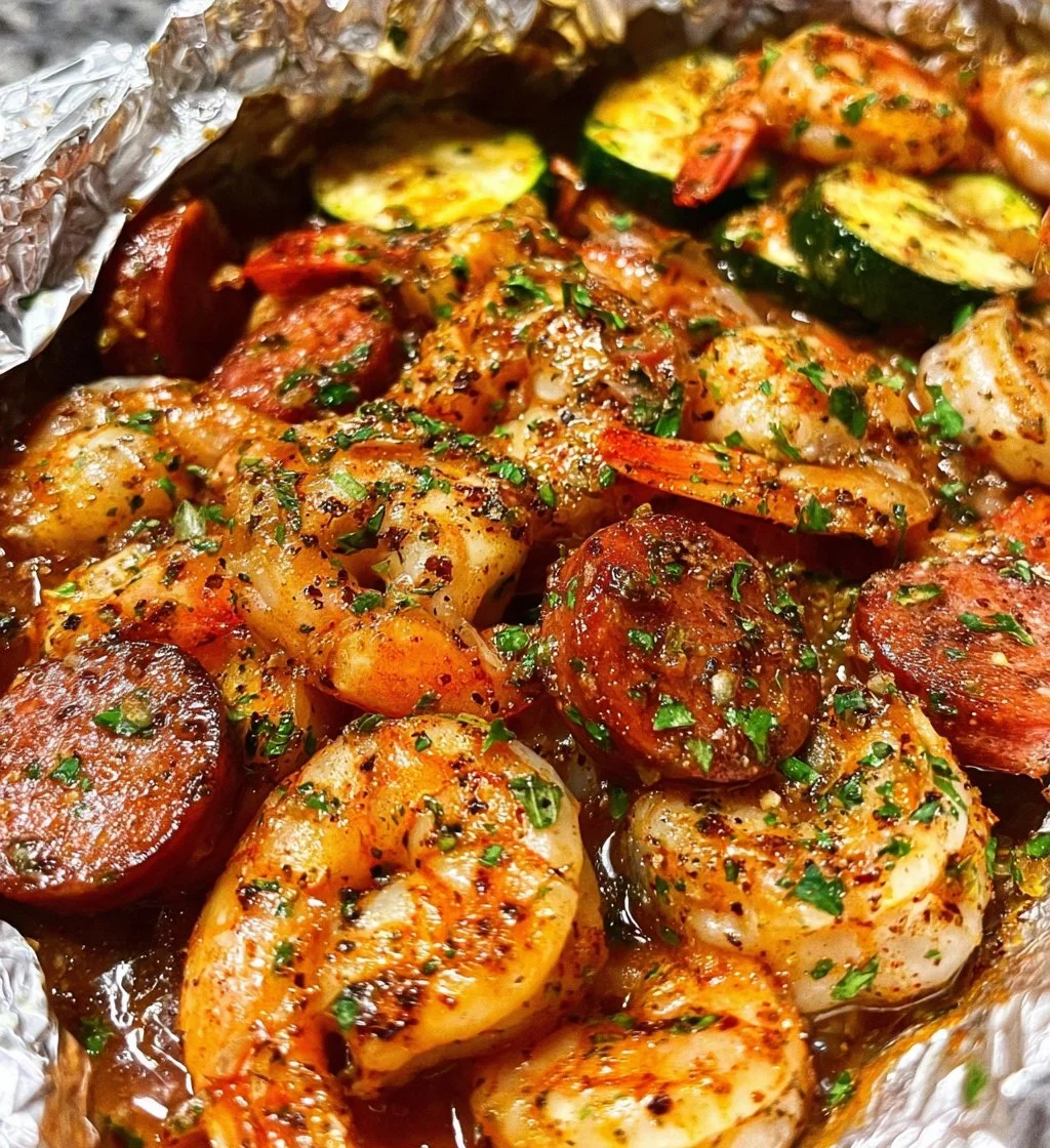 Cajun shrimp and sausage foil packs ready for grilling