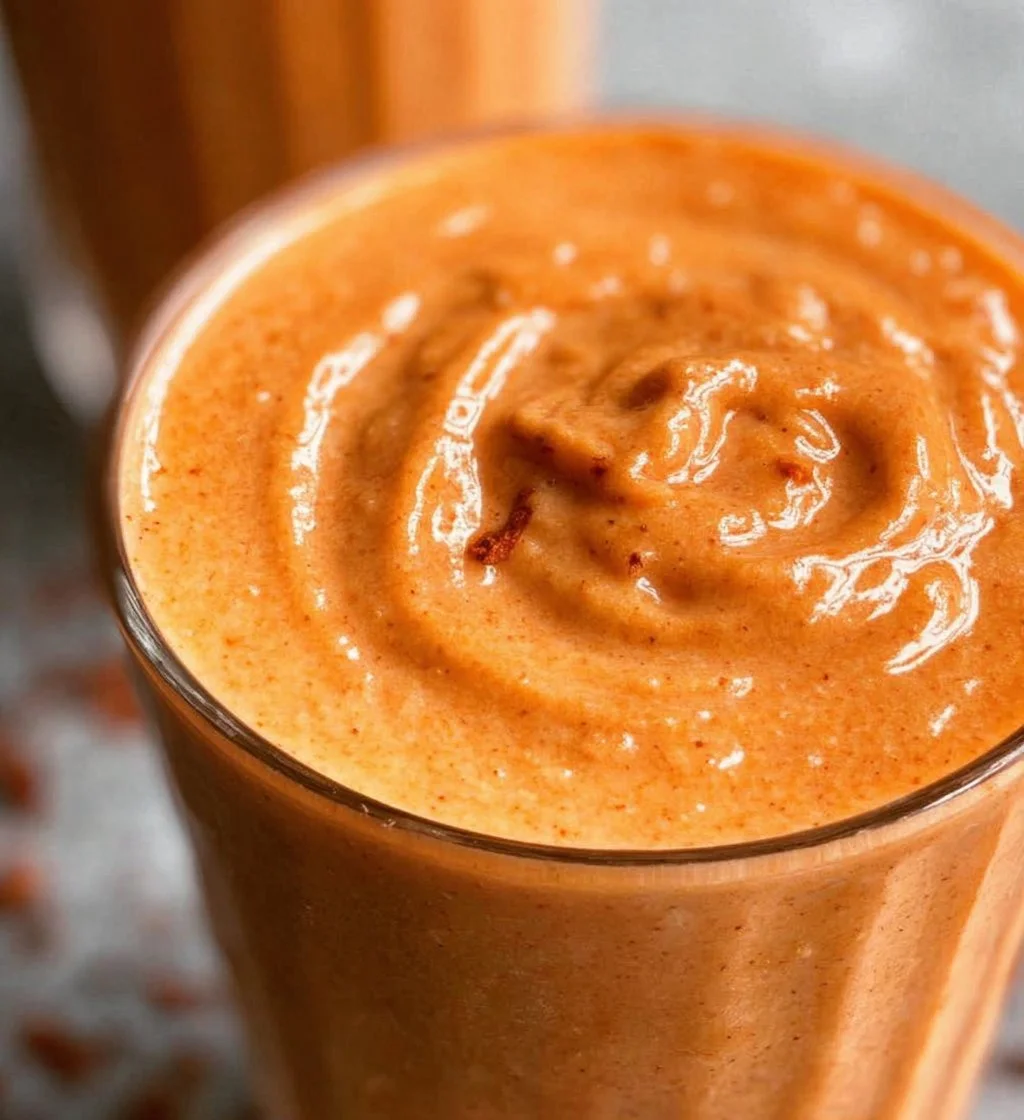 Delicious carrot cake smoothie topped with whipped cream and cinnamon.