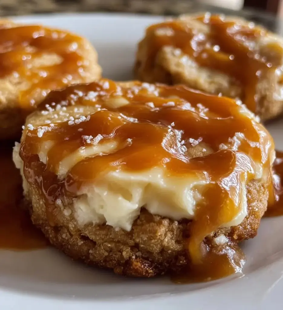Cheesecake cookies topped with creamy caramel drizzle, delicious dessert treat.