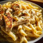 Cheesy one-pot Chicken Alfredo pasta served in a bowl with parsley garnish.