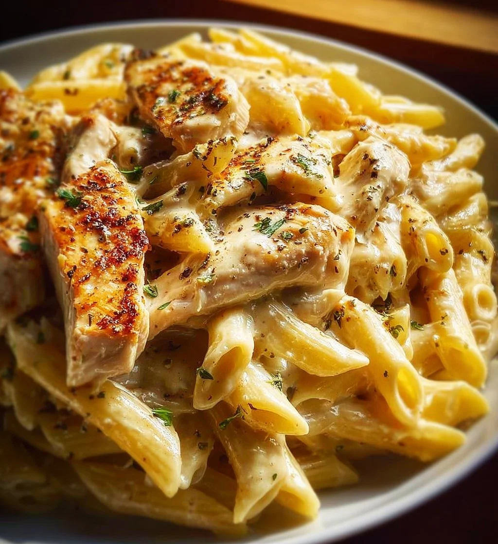 Cheesy one-pot Chicken Alfredo pasta served in a bowl with parsley garnish.