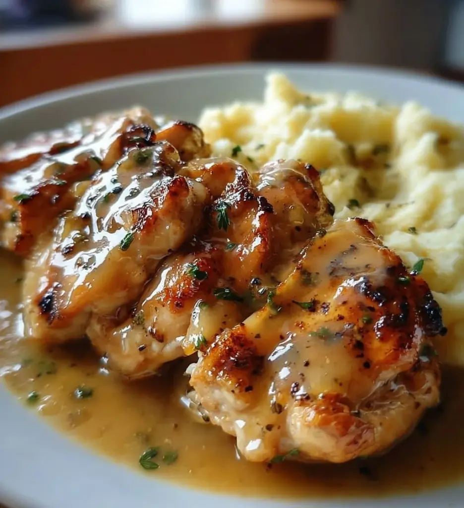Delicious Chicken and Garlic Gravy with Cheesy Mashed Potatoes on a plate