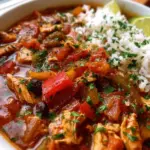 Bowl of Chicken Fajita Soup with rice and colorful vegetables