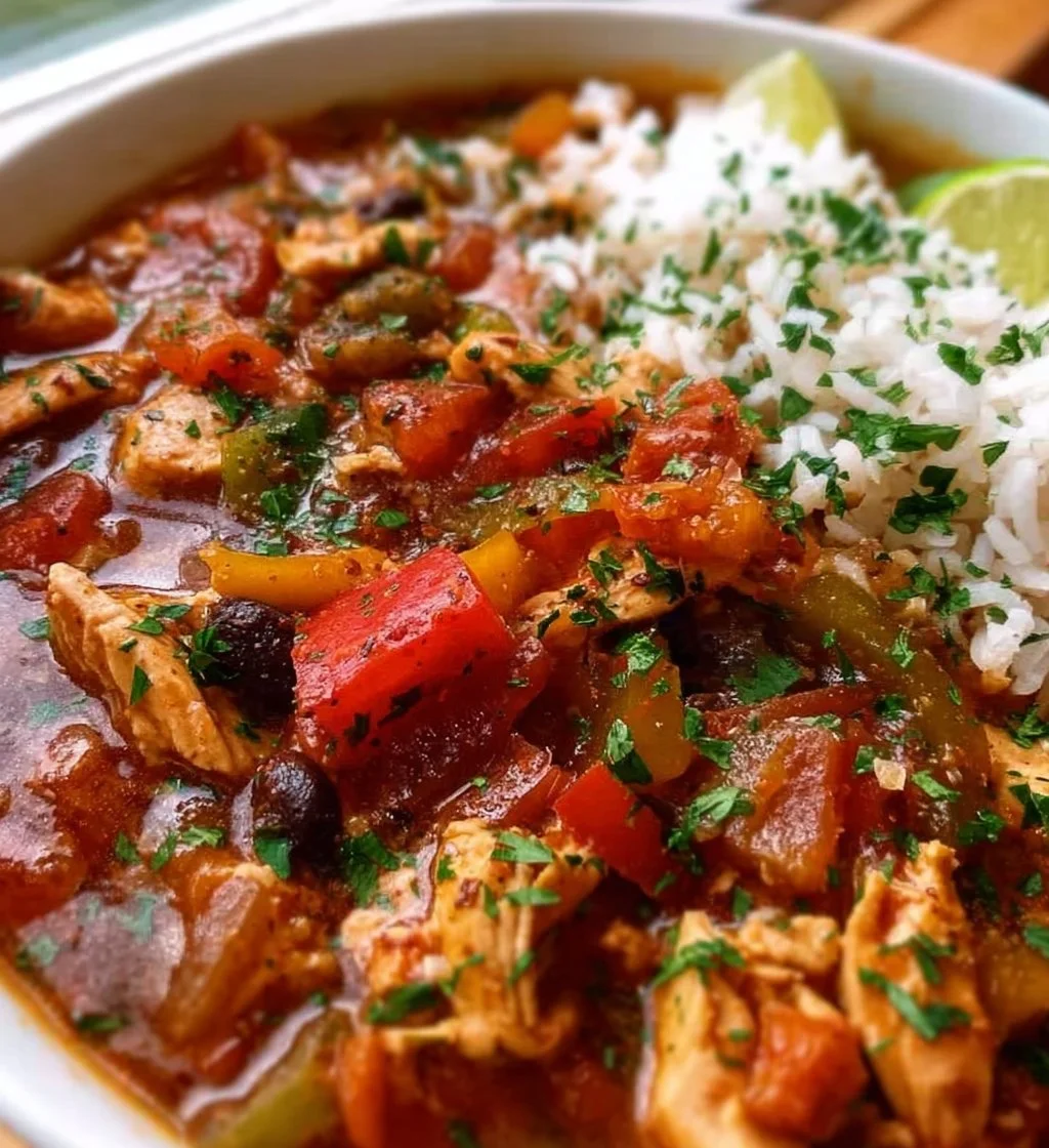Bowl of Chicken Fajita Soup with rice and colorful vegetables