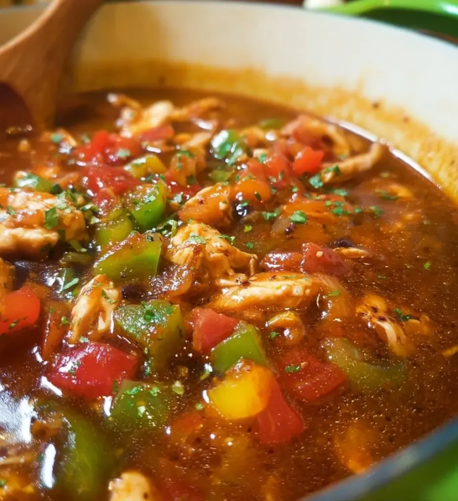 Bowl of delicious Chicken Fajita Soup with colorful ingredients