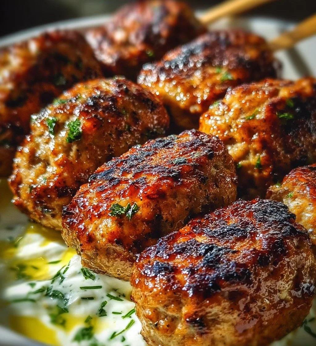 Plate of chicken kofta served with garlic yogurt sauce