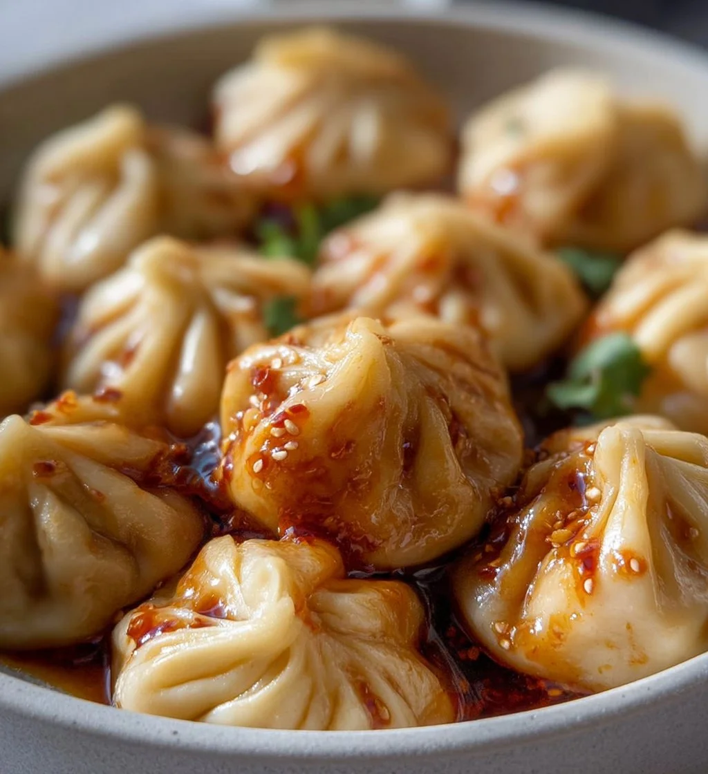 Plate of delicious Chicken Momo Dumplings served with a spicy dipping sauce.