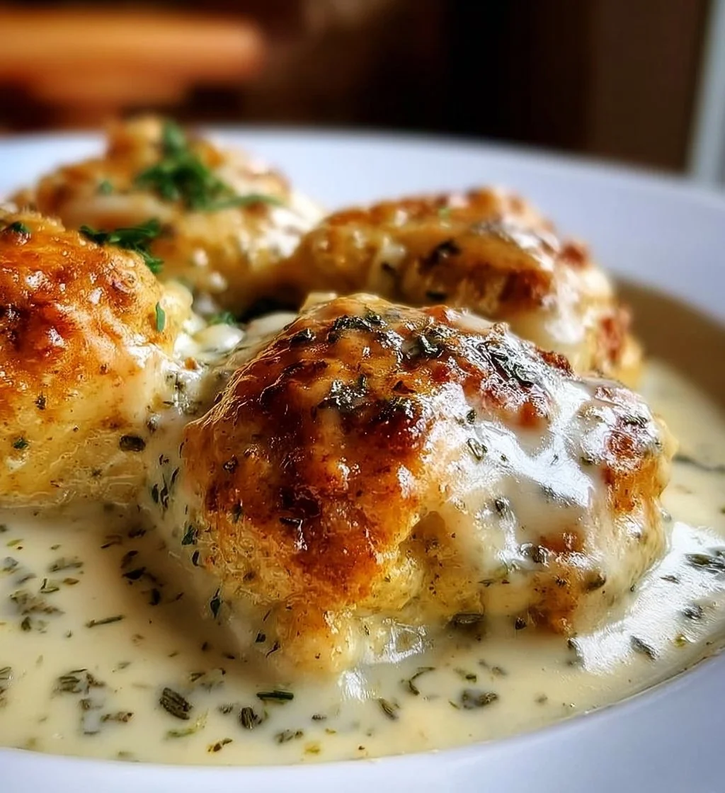 Chicken pillows drizzled with creamy Parmesan sauce on a plate