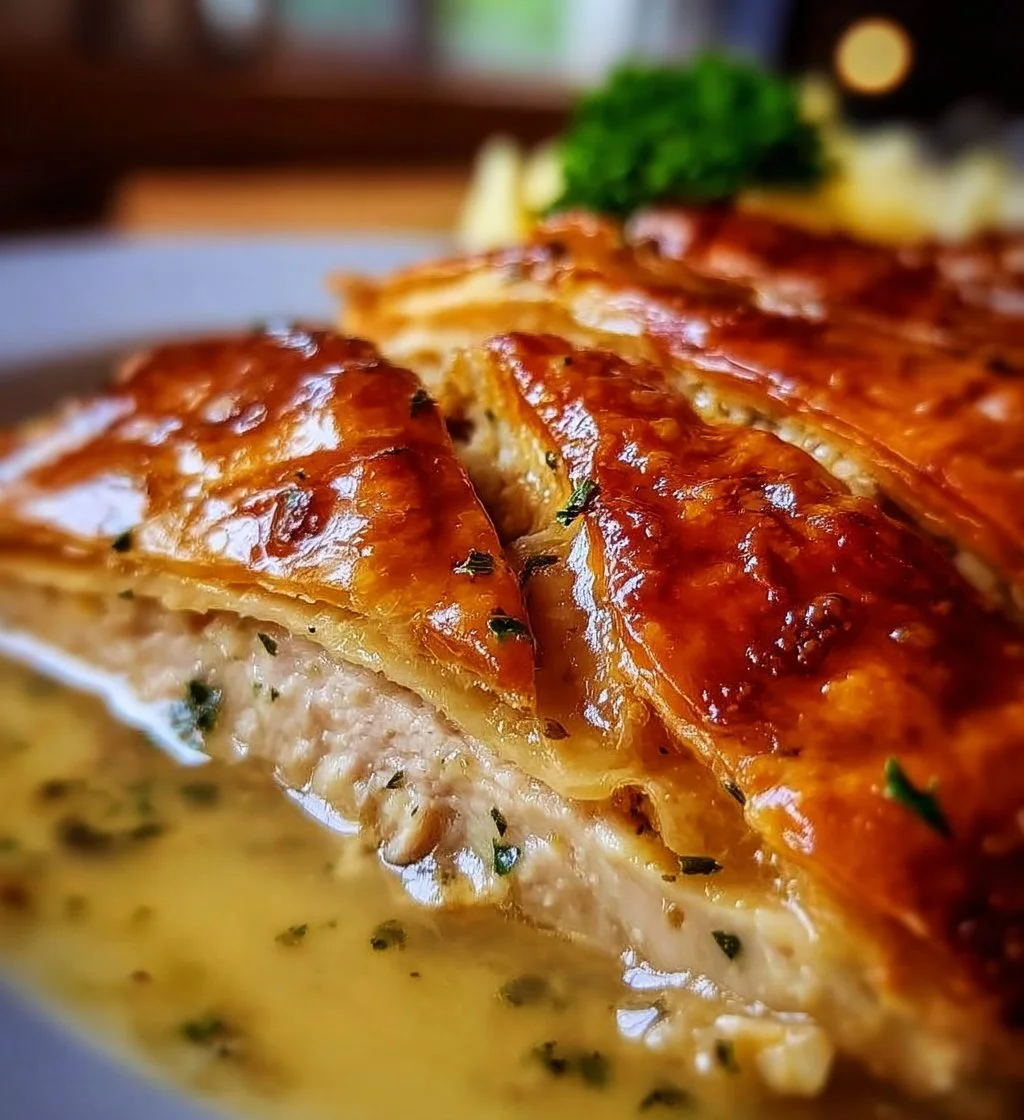 Delicious Chicken Wellington served with sides for a perfect meal.