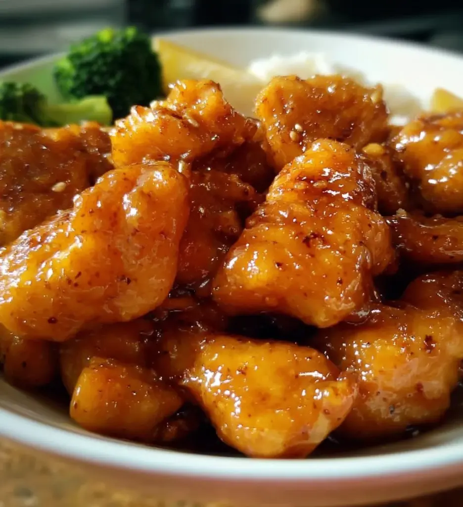 Delicious Chinese Pineapple Chicken served with colorful vegetables