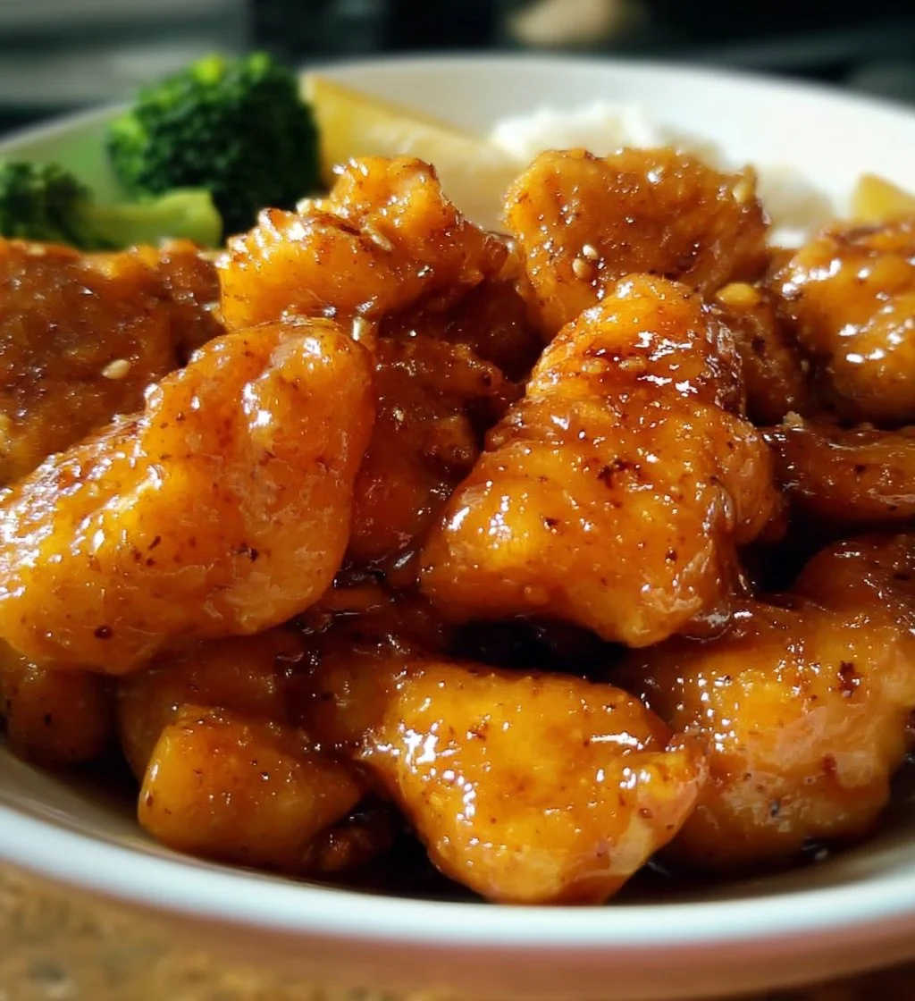 Delicious Chinese Pineapple Chicken served with colorful vegetables