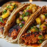 Delicious chipotle honey salmon tacos topped with fresh pineapple salsa