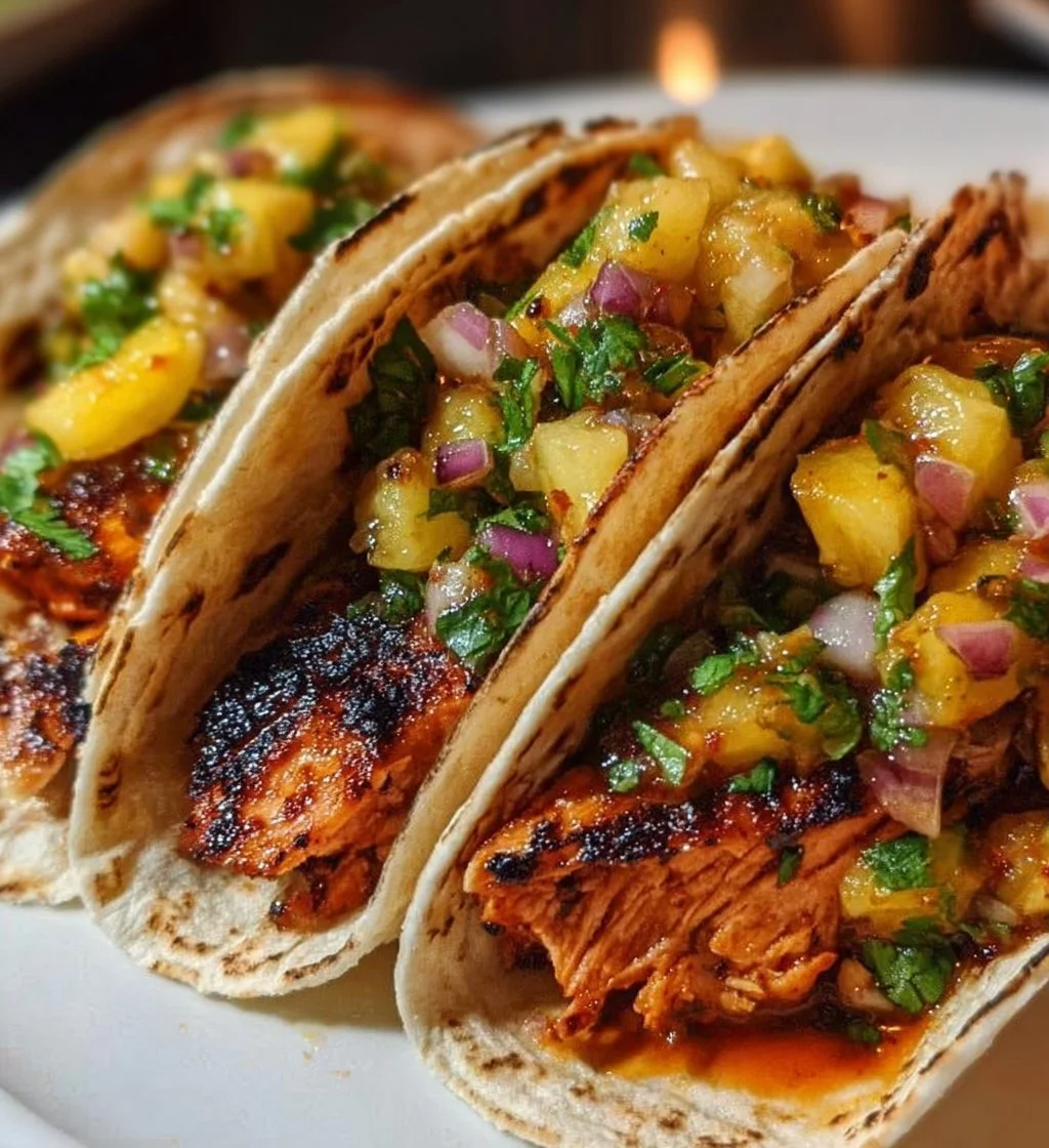 Delicious chipotle honey salmon tacos topped with fresh pineapple salsa