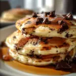 Delicious chocolate chip pancakes stacked high with melting chocolate chips
