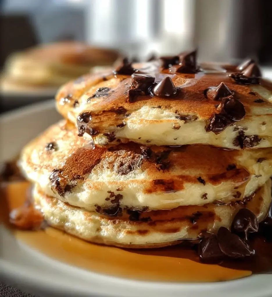 Delicious chocolate chip pancakes stacked high with melting chocolate chips