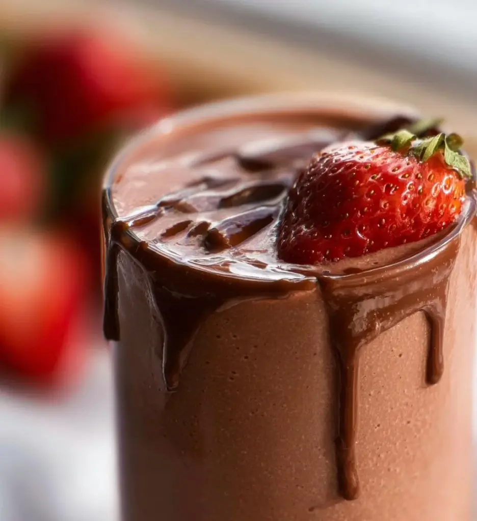 Chocolate-Covered Strawberry Protein Smoothie in a glass with fresh strawberries