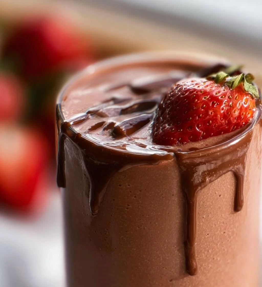 Chocolate-Covered Strawberry Protein Smoothie in a glass with fresh strawberries