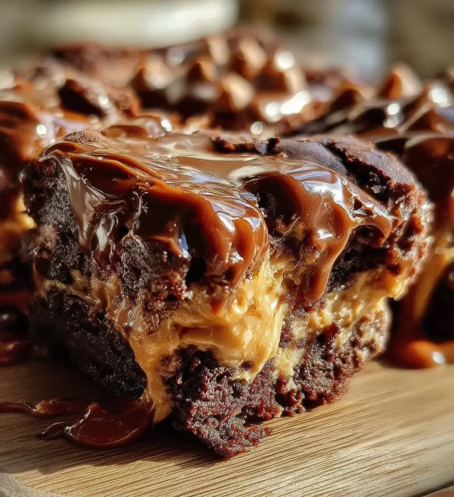 Delicious Chocolate Peanut Butter Earthquake Cake with creamy swirls
