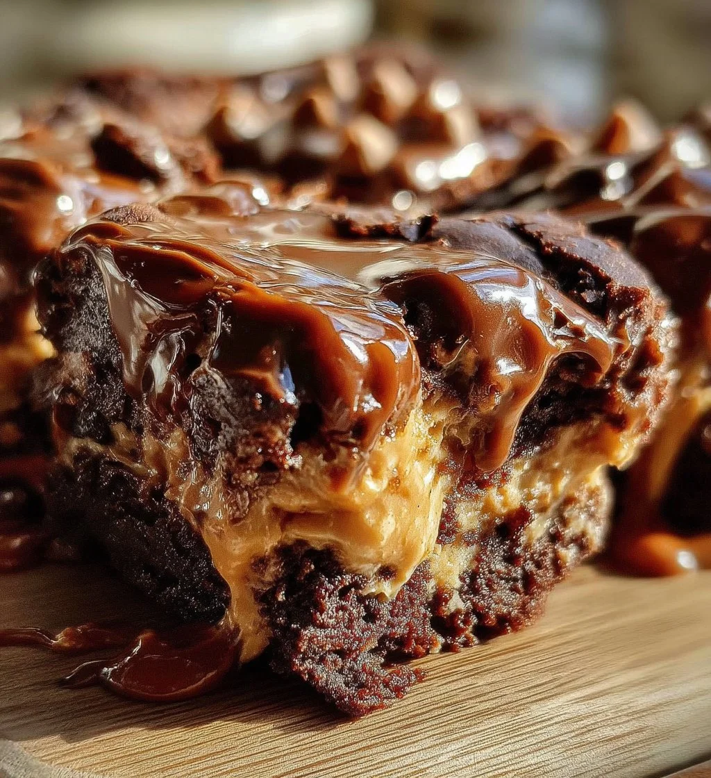 Delicious Chocolate Peanut Butter Earthquake Cake with creamy swirls