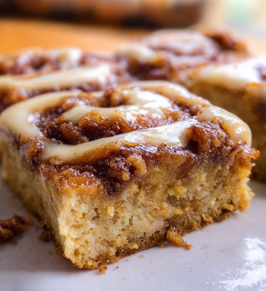 Delicious Cinnamon Roll Bliss Bars topped with glaze and cinnamon flavor.