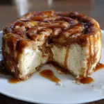 Delicious cinnamon roll cheesecake slice topped with cinnamon and cream cheese frosting