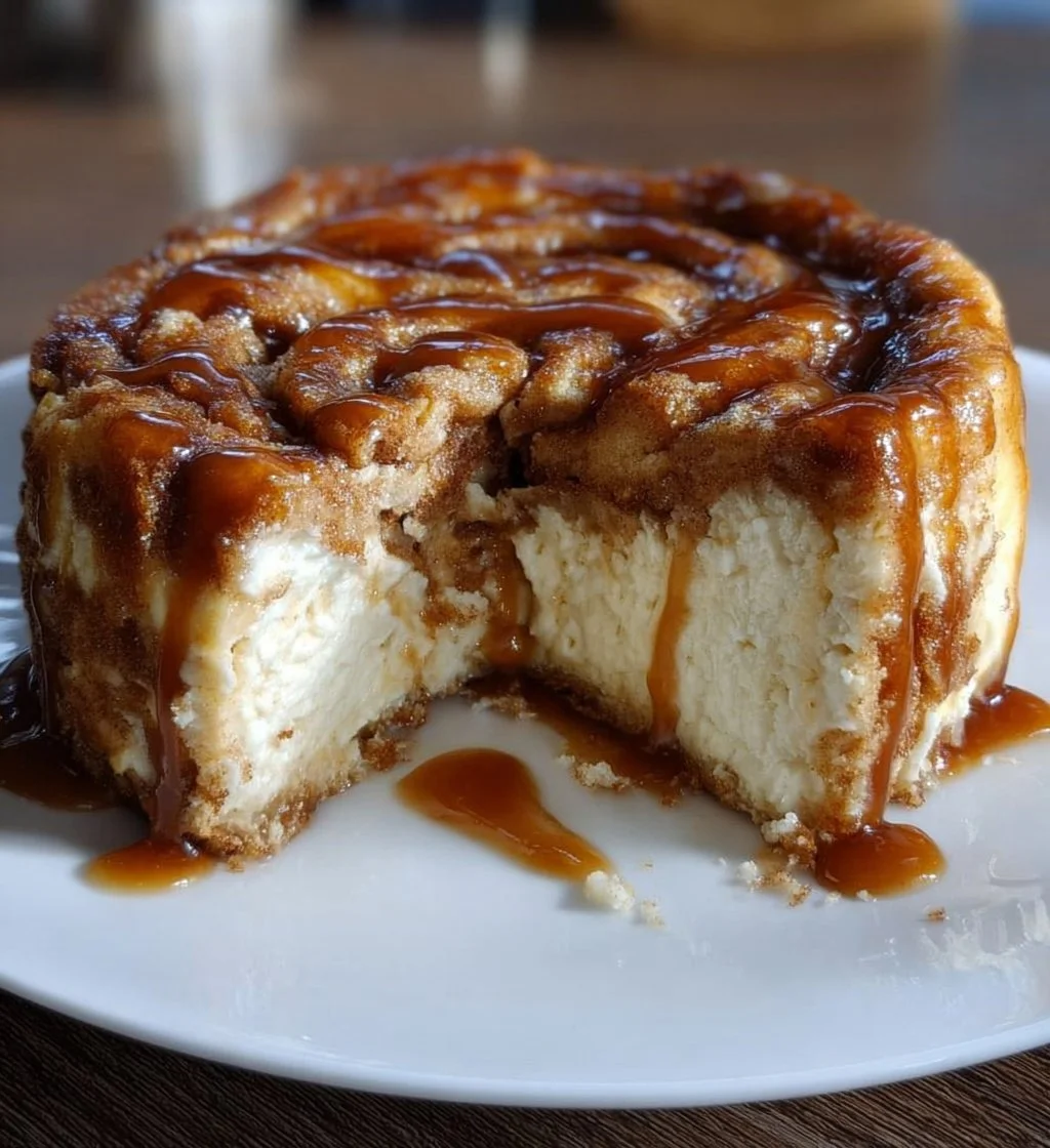 Delicious cinnamon roll cheesecake slice topped with cinnamon and cream cheese frosting