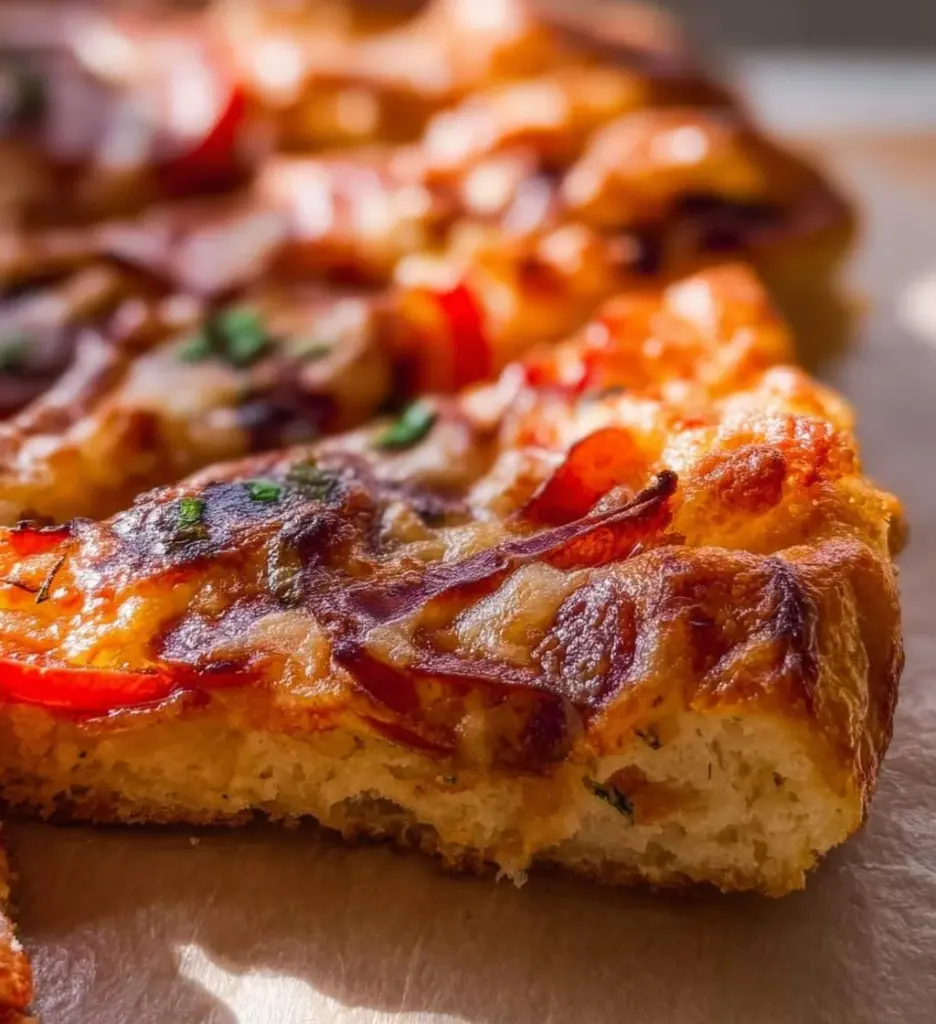 Delicious homemade cloud bread pizza topped with fresh ingredients.