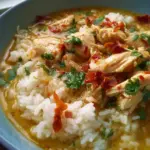 Coconut Chicken Brothy Rice in a bowl, garnished with herbs and spices.