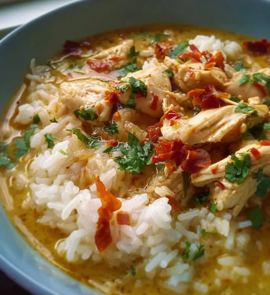 Coconut Chicken Brothy Rice in a bowl, garnished with herbs and spices.