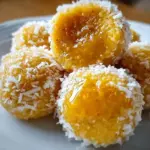 Coconut Mango Bliss Balls stacked on a plate, garnished with coconut flakes.