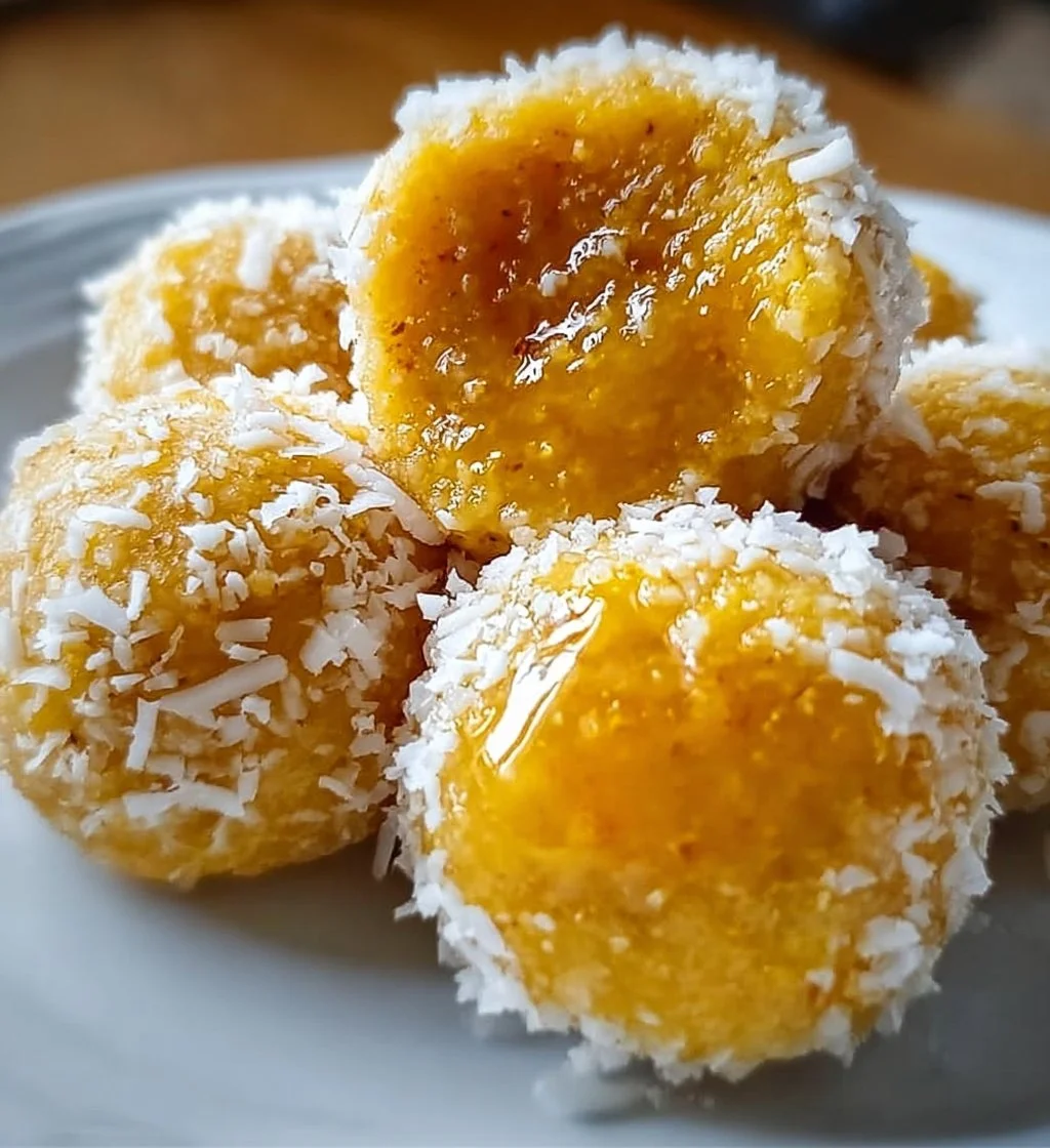 Coconut Mango Bliss Balls stacked on a plate, garnished with coconut flakes.