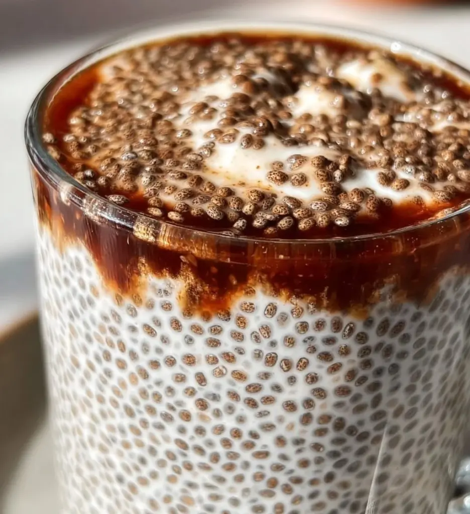 Delicious coffee chia seed pudding topped with fresh berries and nuts