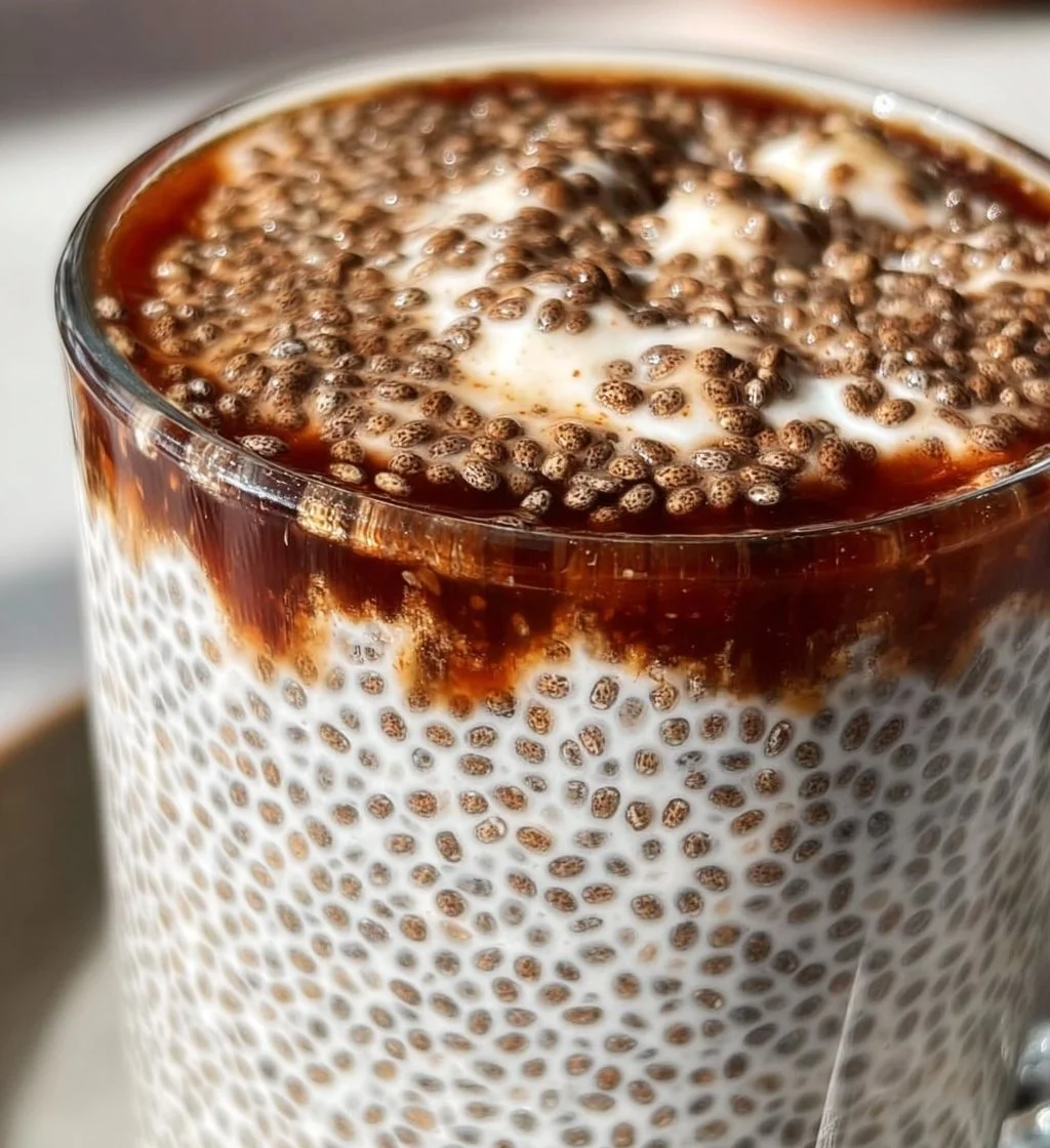 Delicious coffee chia seed pudding topped with fresh berries and nuts