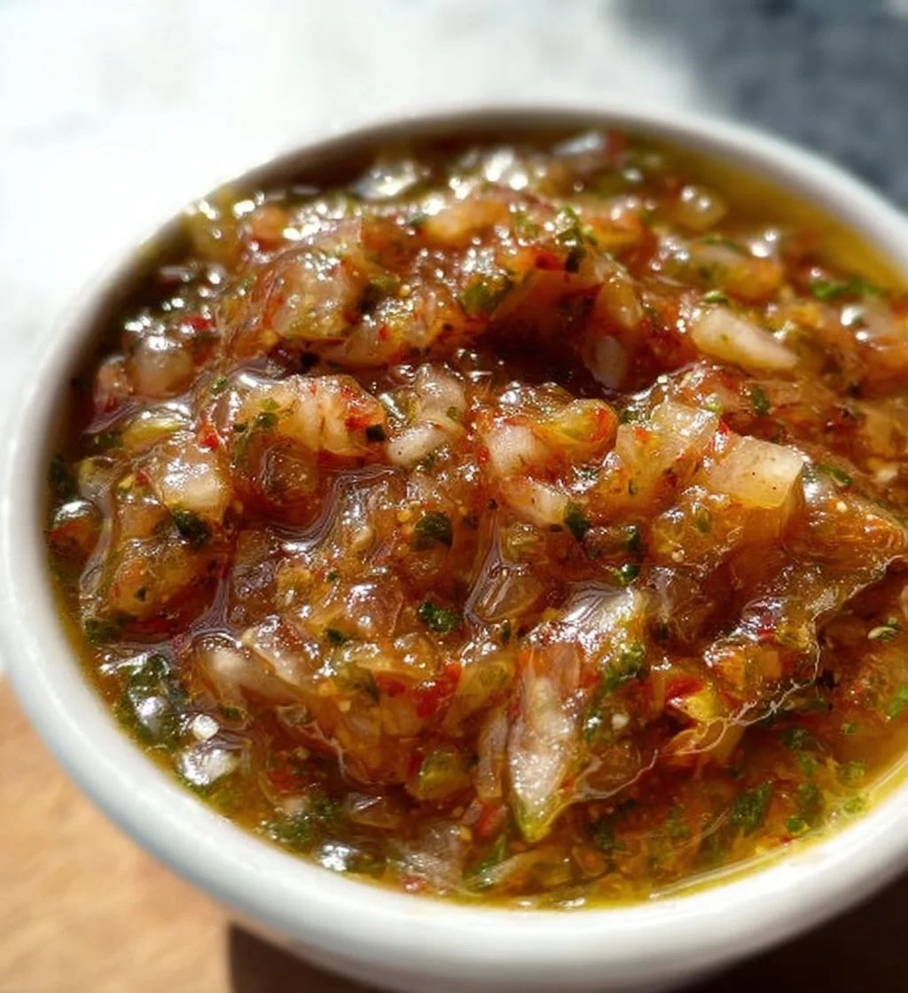 Bowl of Colombian Aji sauce with fresh ingredients and spices.