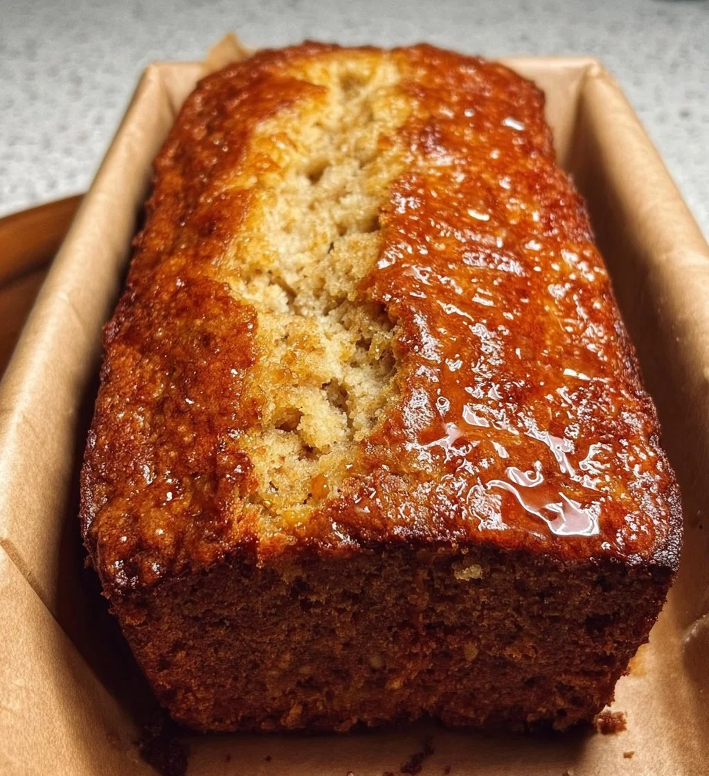 Loaf of Cottage Cheese Banana Bread with slices on a wooden board