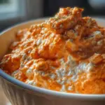 Creamy Cottage Cheese Buffalo Chicken Dip served in a bowl with tortilla chips