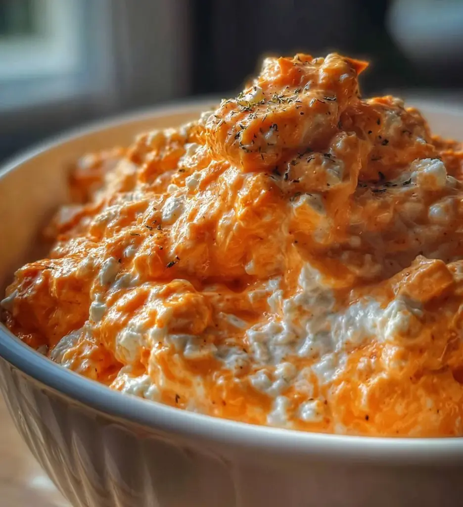 Creamy Cottage Cheese Buffalo Chicken Dip served in a bowl with tortilla chips
