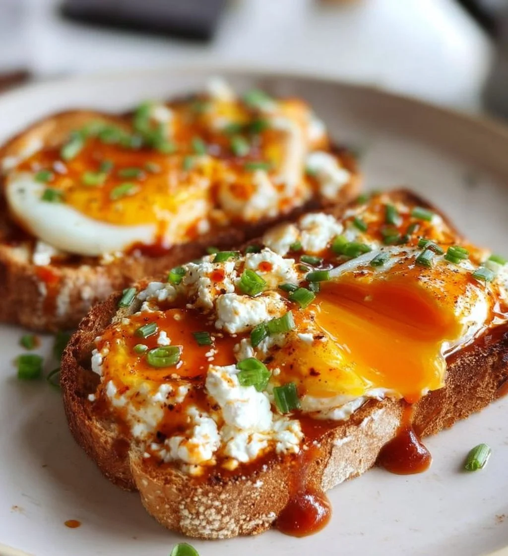 Delicious Cottage Cheese Egg and Sriracha Toast served on a wooden plate.