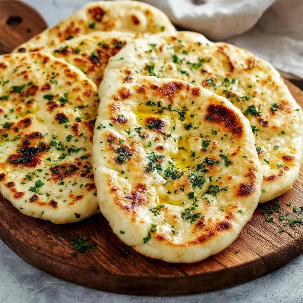 Homemade cottage cheese flatbread served on a wooden board with toppings.