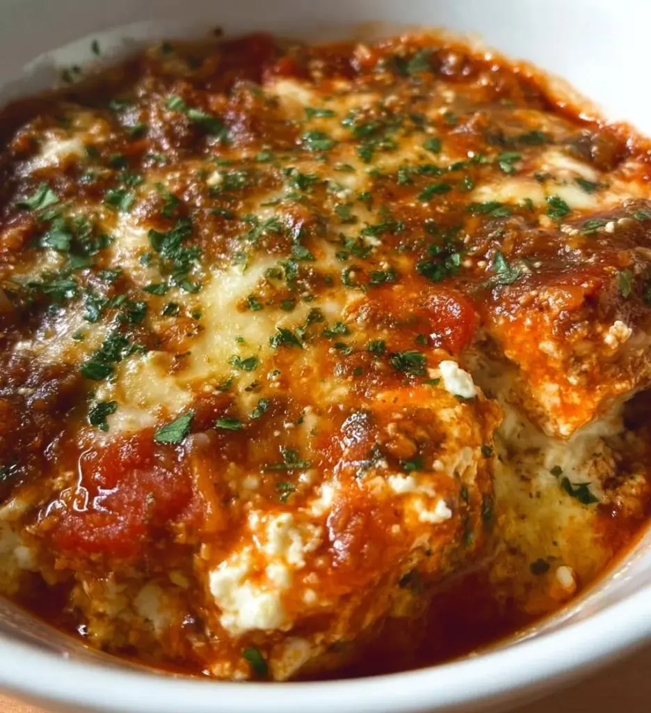 Delicious Cottage Cheese Lasagna Bowl topped with fresh herbs and cheese