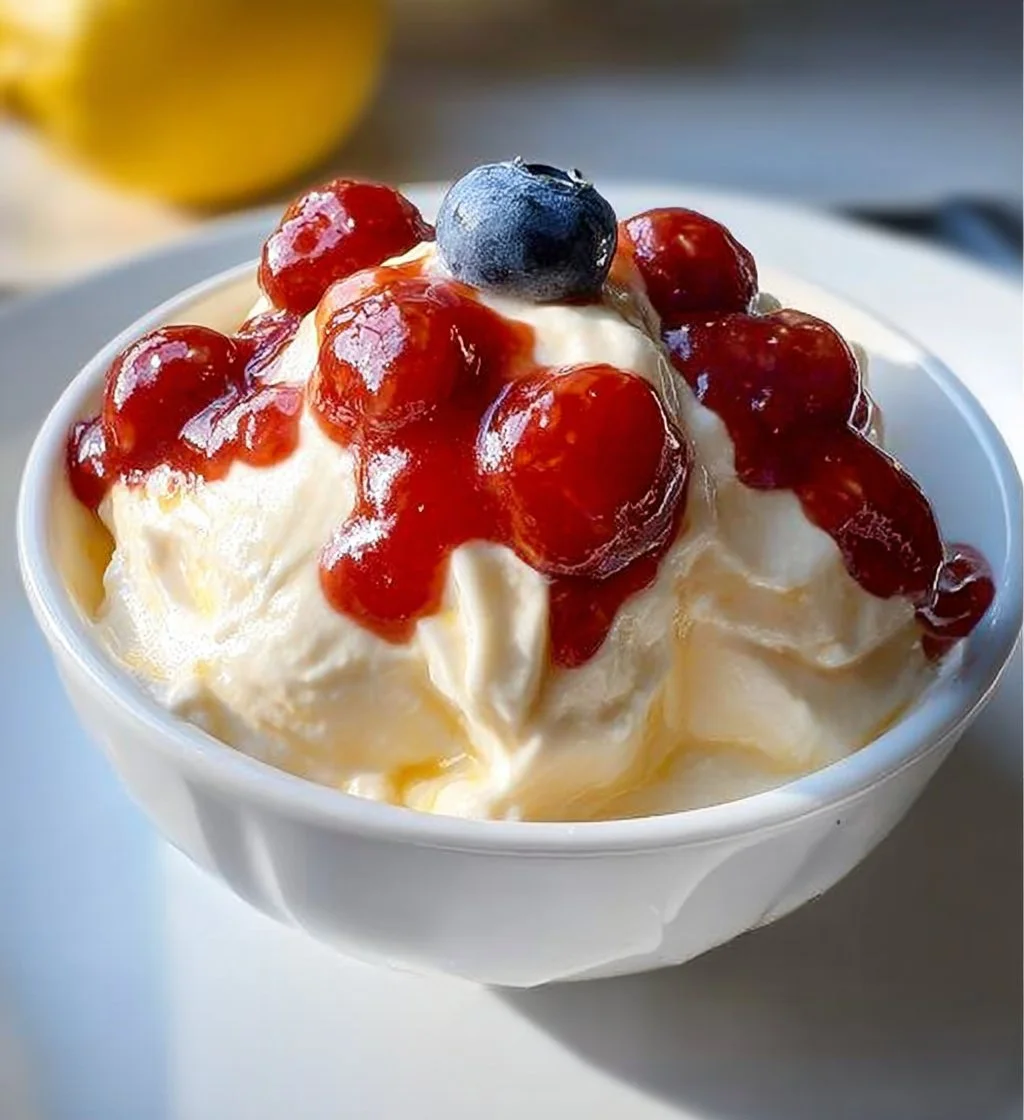 Delicious cottage cheese lemon mousse served in a glass bowl