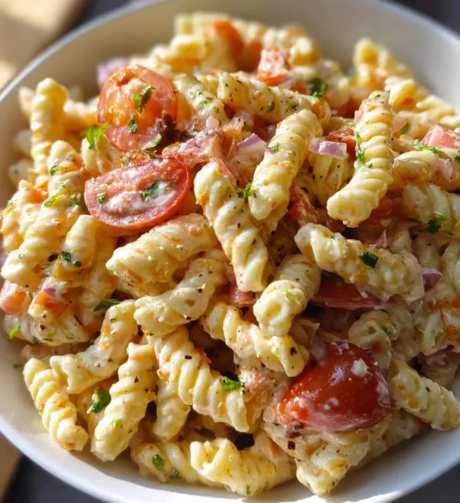 Bowl of Cottage Cheese Pasta Salad with fresh vegetables and herbs