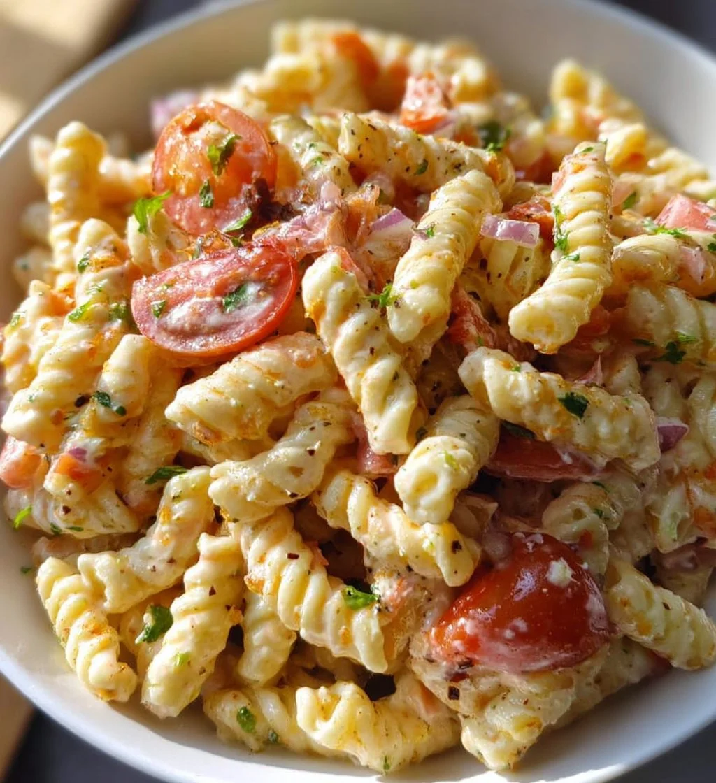 Bowl of Cottage Cheese Pasta Salad with fresh vegetables and herbs