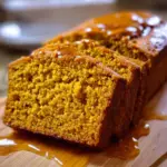 Slice of Cottage Cheese Pumpkin Bread with a spiced topping on a wooden table