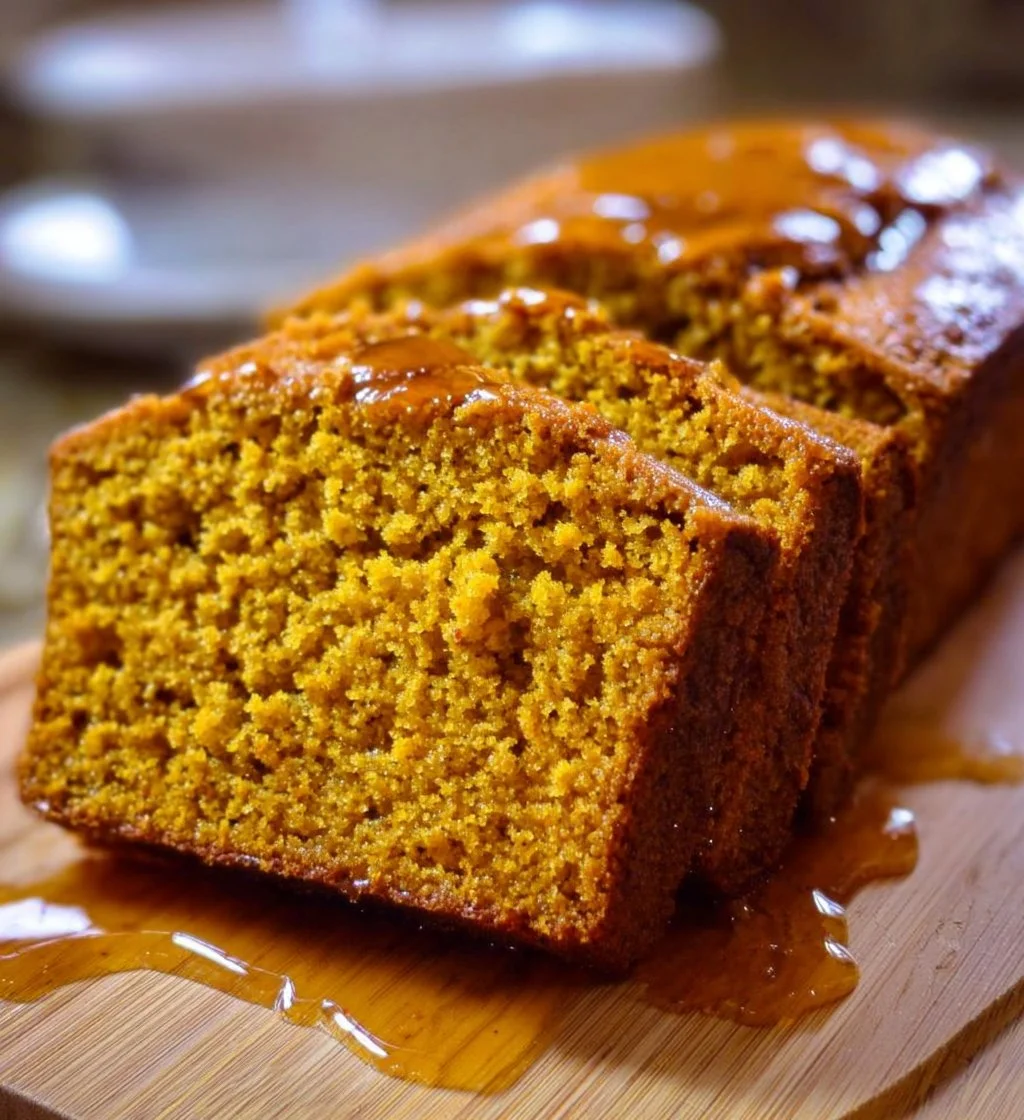 Slice of Cottage Cheese Pumpkin Bread with a spiced topping on a wooden table