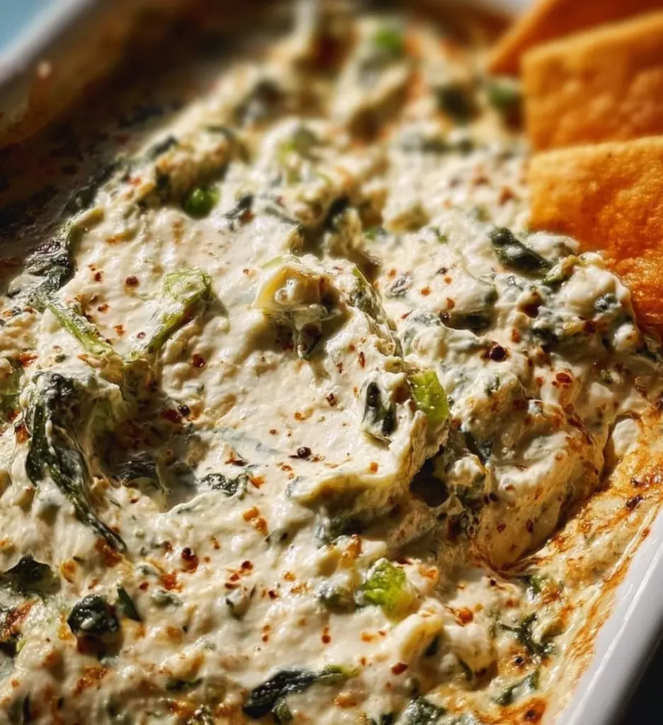 Creamy cottage cheese spinach dip served in a bowl with vegetables