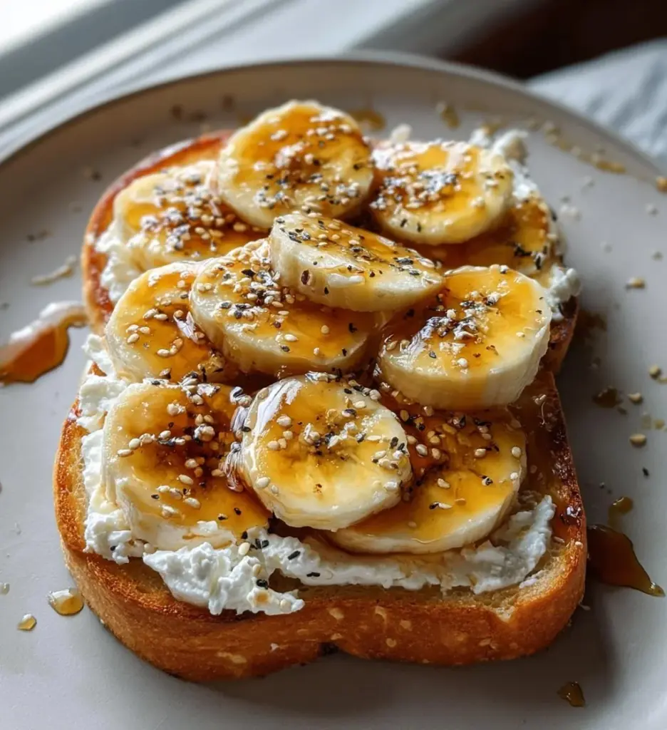 Cottage Cheese Toast topped with banana slices for a healthy breakfast