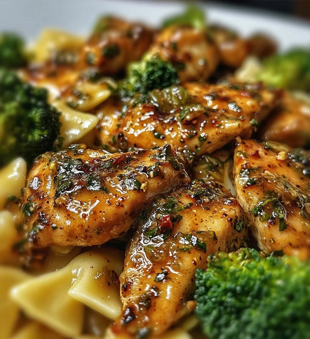 Delicious Cowboy Butter Lemon Bowtie Chicken served with broccoli.