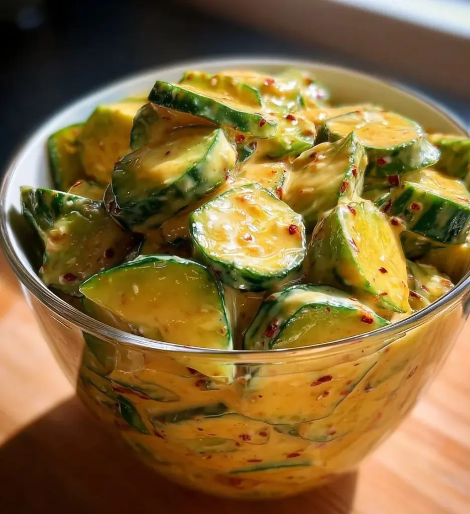 Creamy Asian cucumber salad bowl with fresh vegetables and herbs